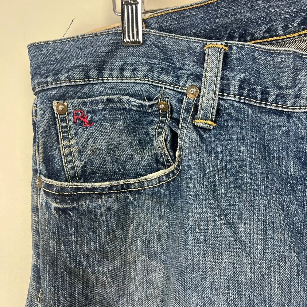 VTG Y2K Polo Ralph Lauren Mens Jeans Straight Leg 35x32 Preppy Leather Patch 90s